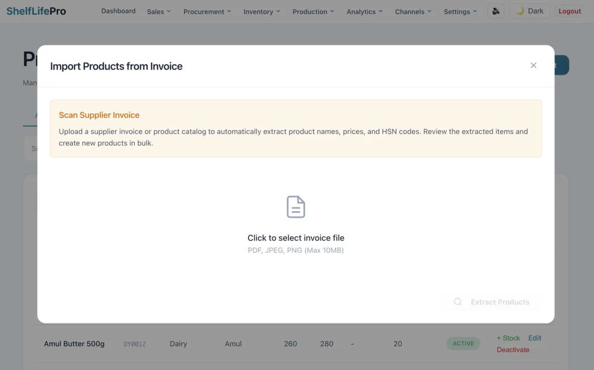 SKUs added without typing, sample screen