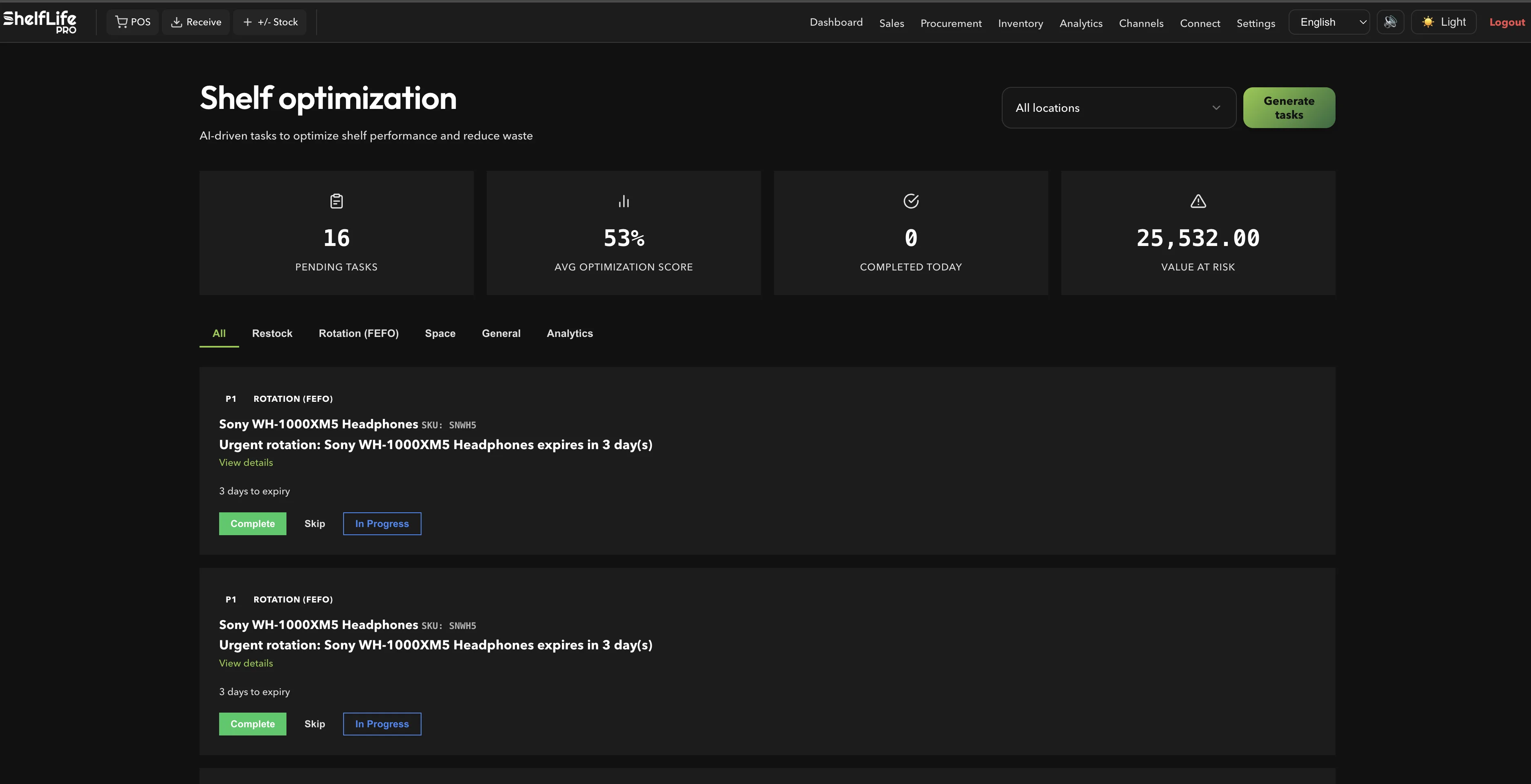 Shelf optimization: AI-driven tasks with optimization scores and value-at-risk tracking