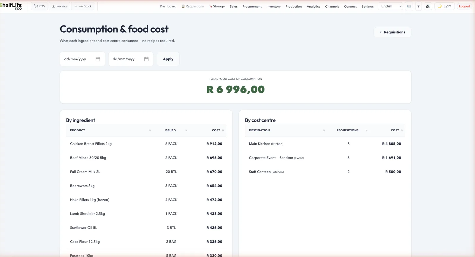 Consumption and food-cost report — cost per ingredient and per cost centre (kitchen, event, canteen), built from real issue movements