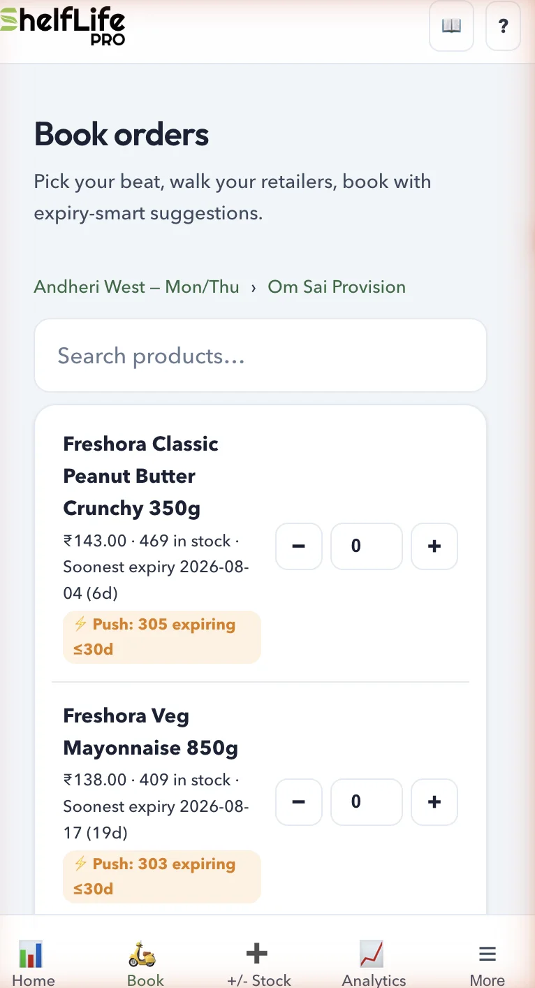 Beat order booking on a phone — expiry-push badges on every product