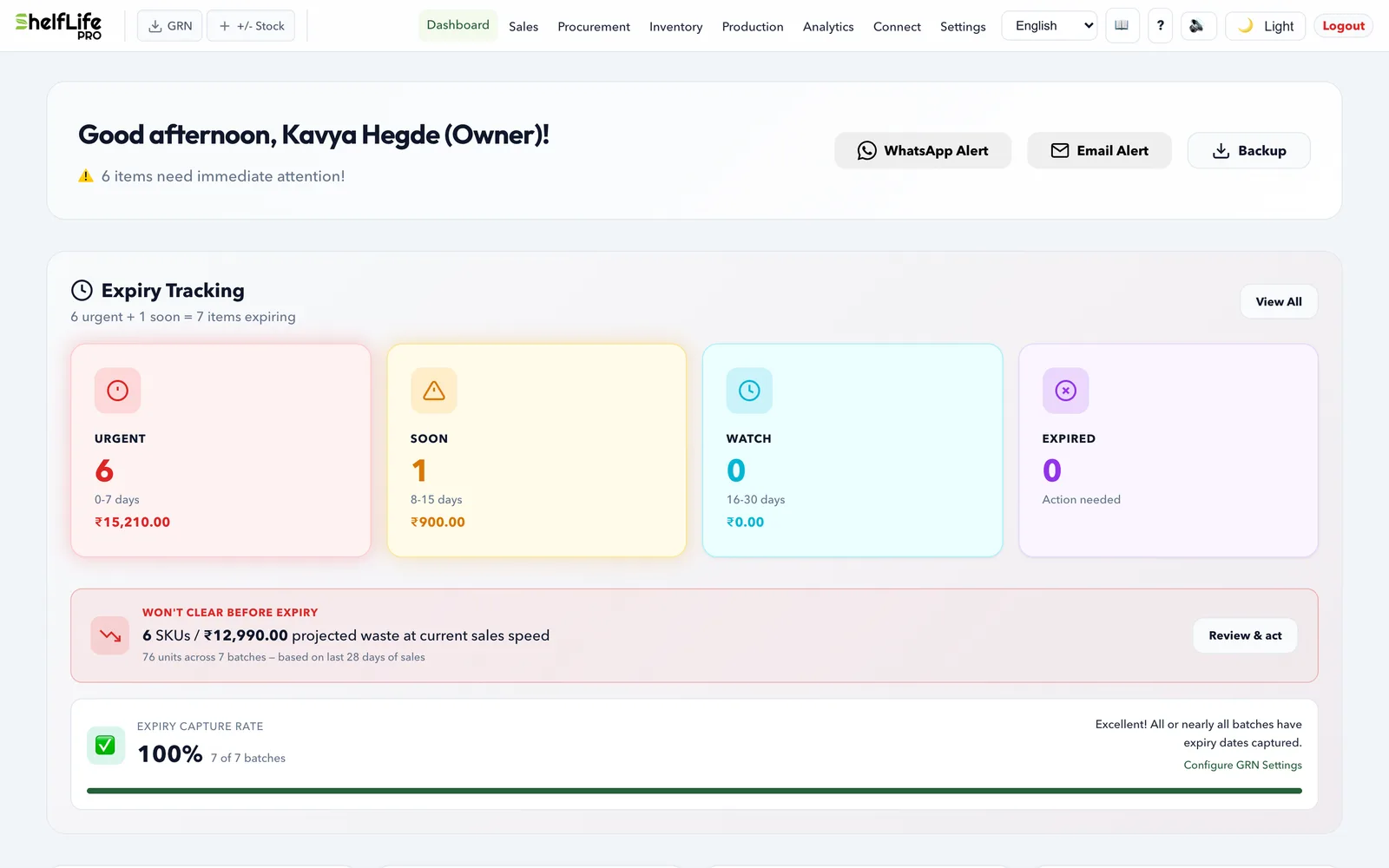Flower wholesaler dashboard: urgent, soon and watch expiry tiers with rupee values and projected waste before it happens