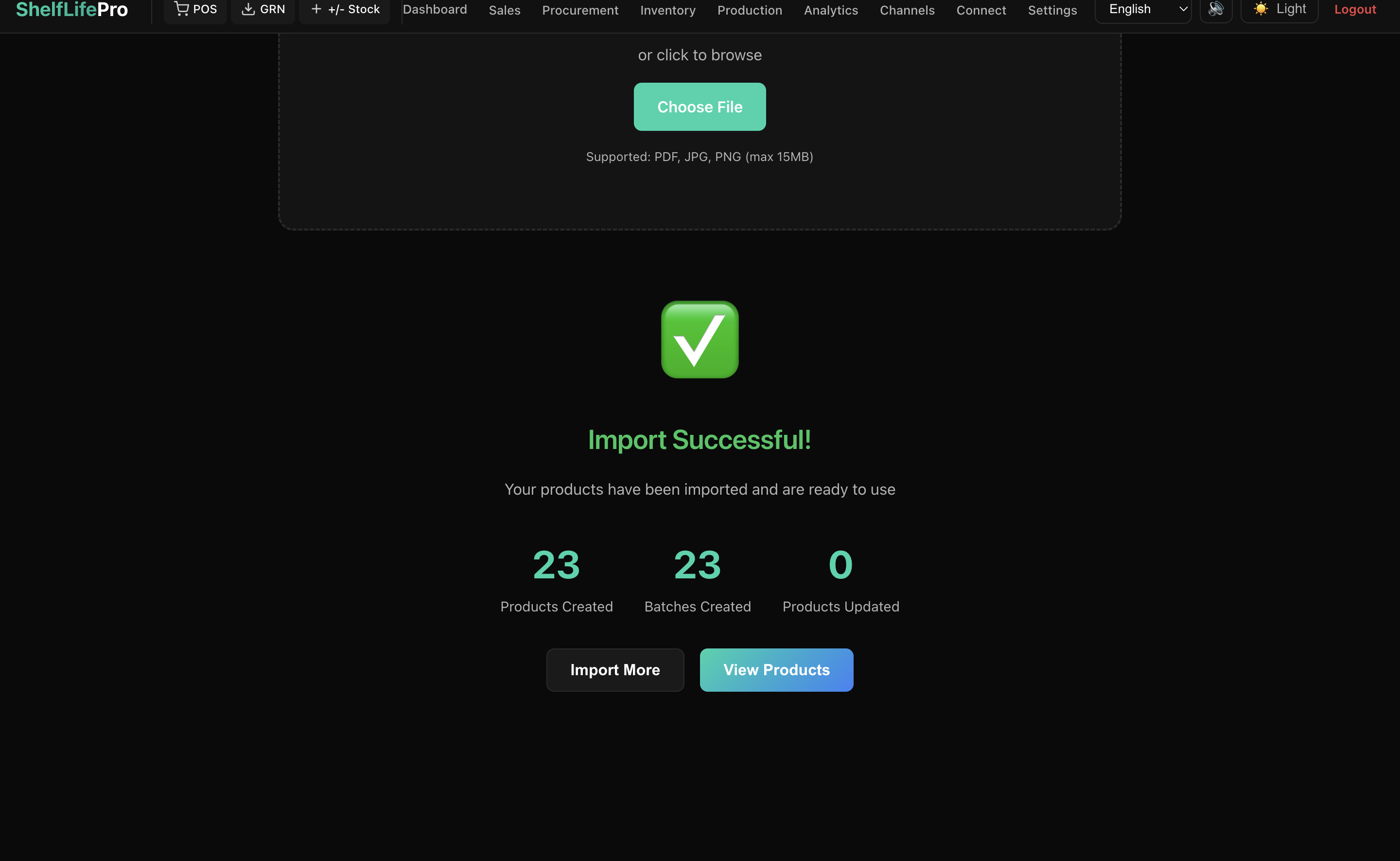 Import successful — 23 products created, 23 batches created