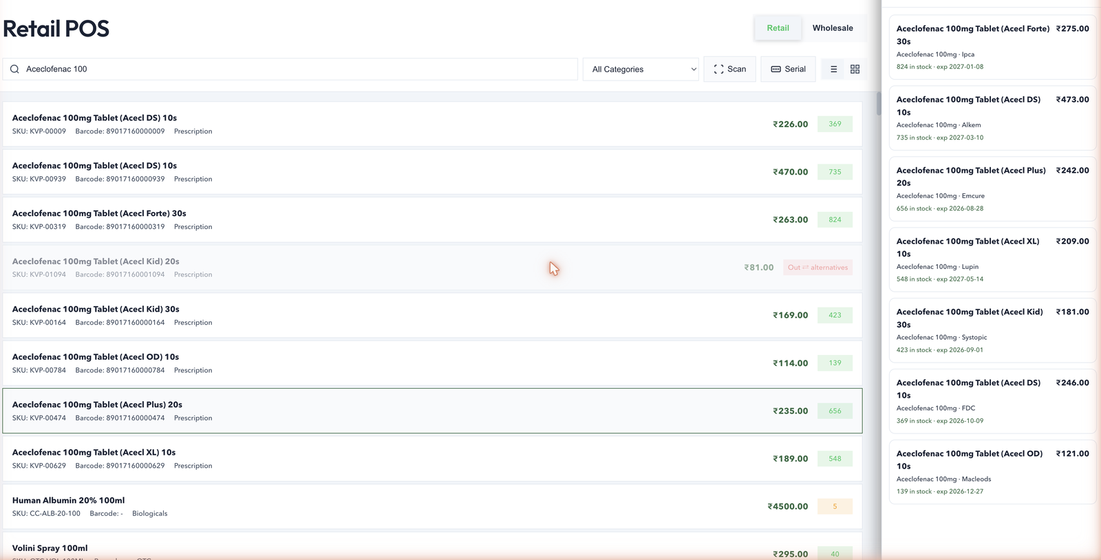 Same-salt substitute panel in the ShelfLifePro POS showing in-stock alternatives with price and expiry