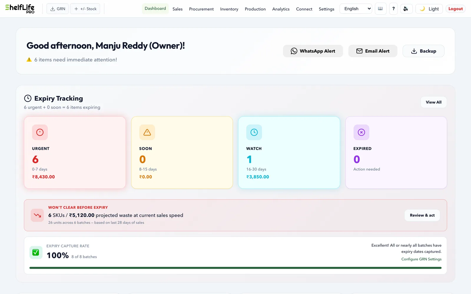 Fresh produce dashboard: urgent, soon and watch expiry tiers with rupee values, and projected waste at current sales speed