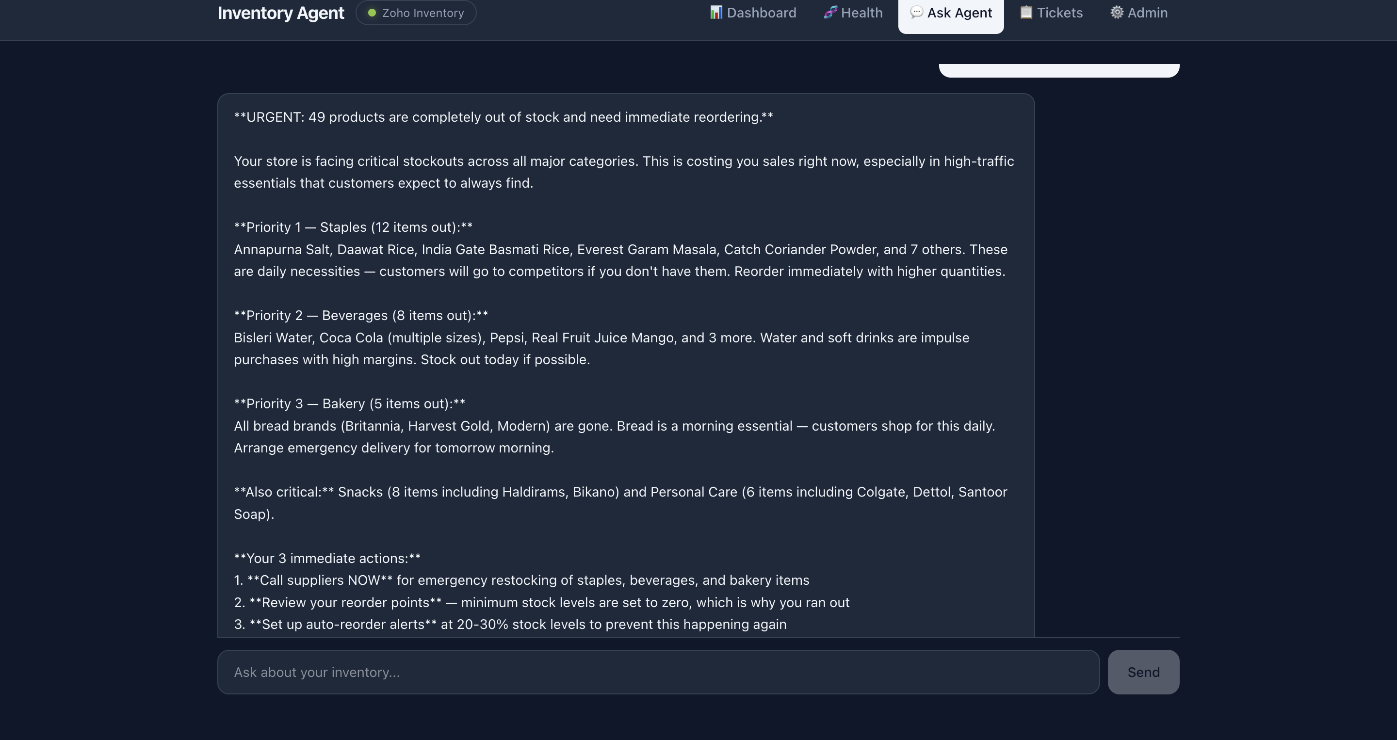 ShelfSense Ask Agent — AI response with prioritised reorder recommendations