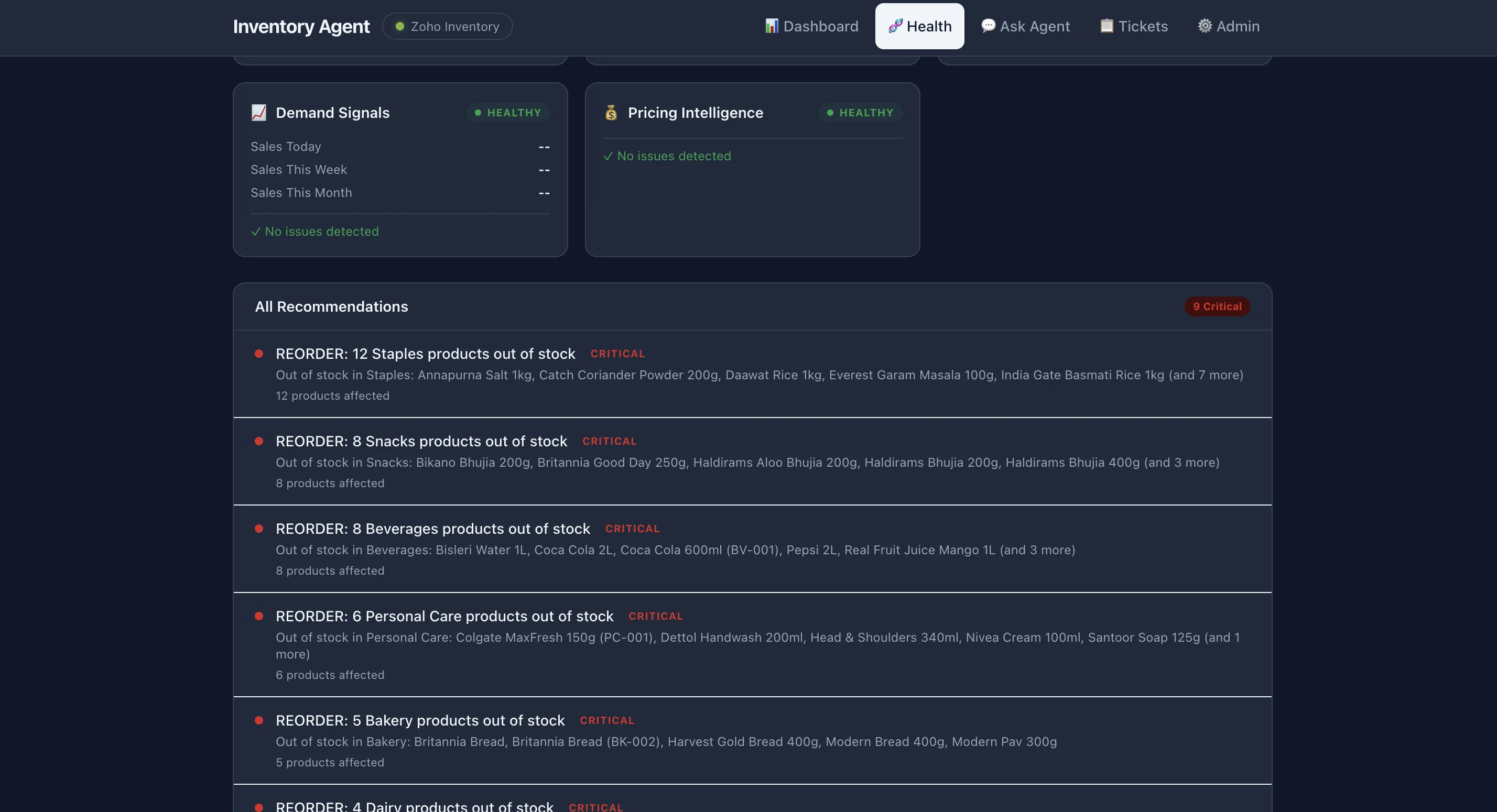 ShelfSense: all recommendations list with critical reorder alerts and product details