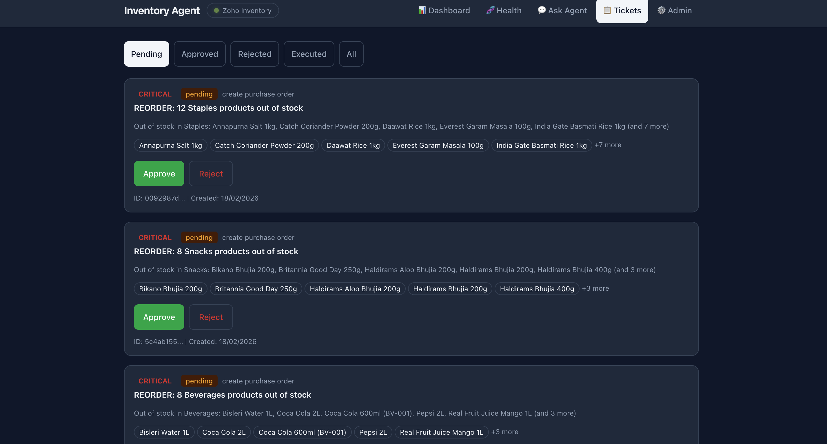 ShelfSense Tickets — pending purchase orders with Approve and Reject buttons