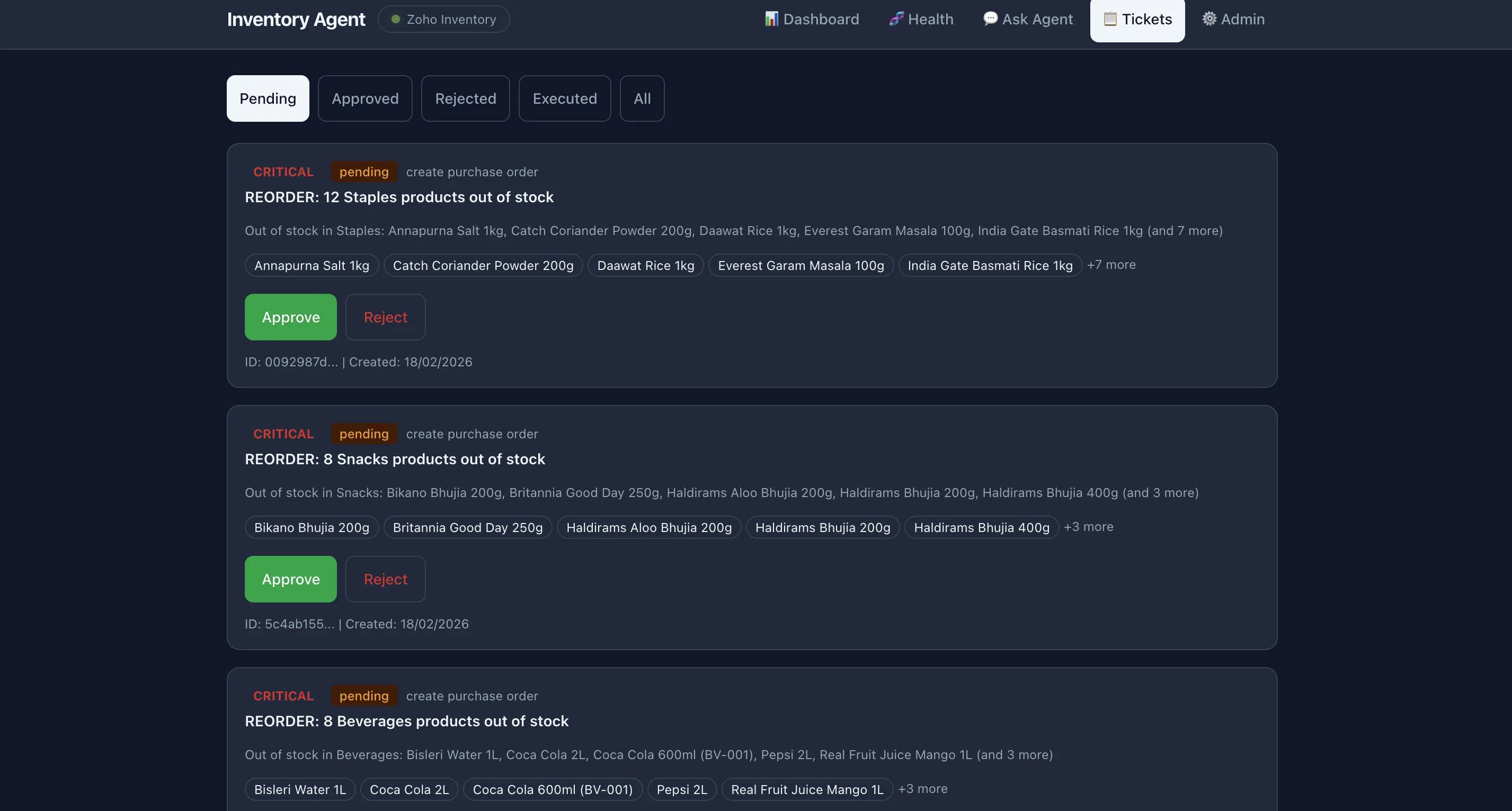 ShelfSense Tickets: pending purchase orders with Approve and Reject buttons